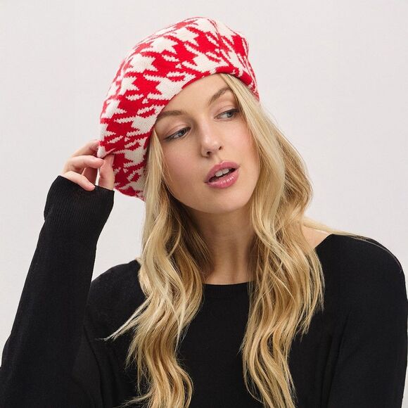 Classic Houndstooth Knit Beret Hat Women’s Winter Warm Stylish One Size - Picture 5 of 6